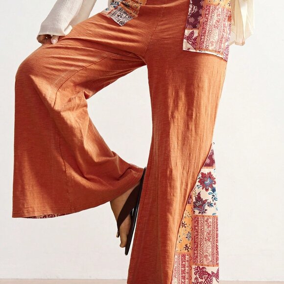 Orange Boho Women's Casual Knit Patchwork Flare Washed Pants - Picture 3 of 7